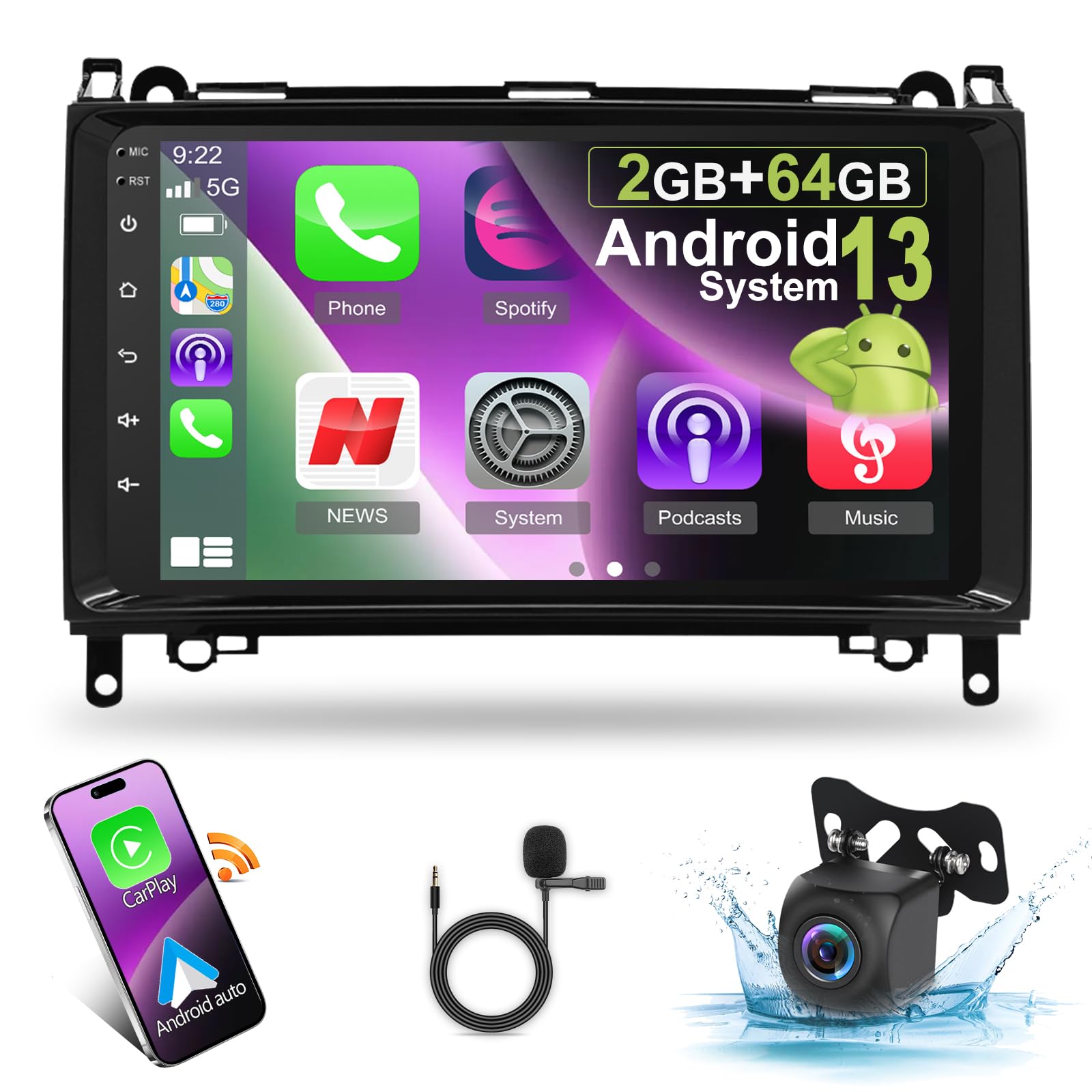 [2G+64G] Car Radio for Mercedes Benz Sprinter W906 W169 W245 W639 Vito Viano, Android Touch Screen Car Play Stereo, Carplay/Android Auto/EQ Audio/SWC/Bluetooth