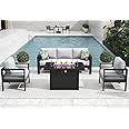 Vakollia 4 Pieces Modern Aluminum Patio Furniture Set with Fire Pit Table, Outdoor Conversation Sets Metal Sectional Sofa