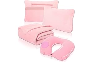 VOTOWN HOME Travel Blanket and Pillow Set - Portable Inflatable Travel Neck Pillow and Premium Soft Airplane Blanket with Built-in Soft Bag, Neck Snaps, Zippered Pouch, and Hand Luggage Strap, 70" x 40" (Pink)
