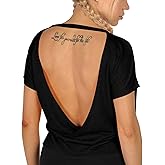 icyzone Open Back Workout T-Shirts for Women - Strappy Athletic Short-Sleeve Tees, Backless Yoga Tops, Gym Shirts