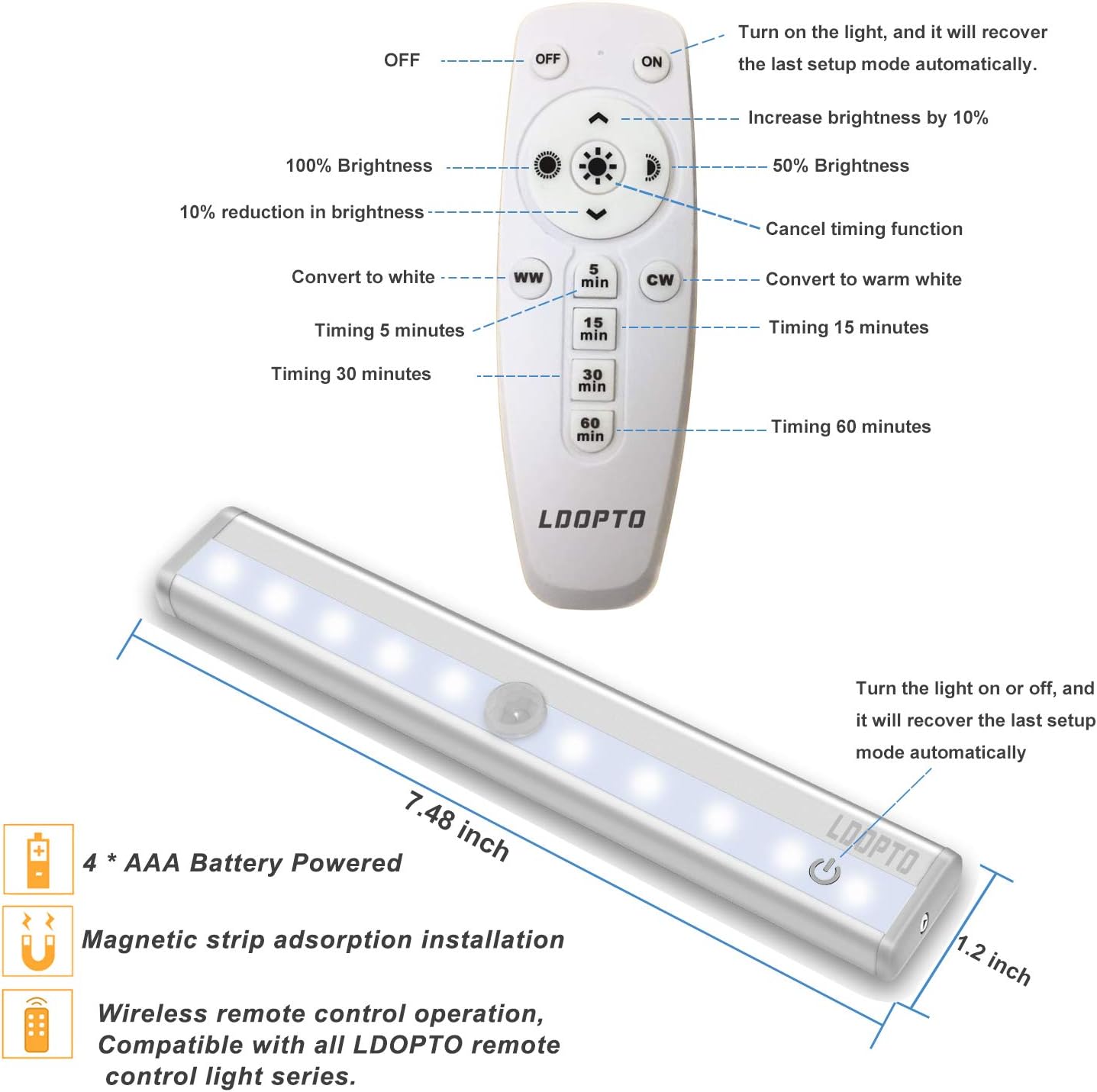 LDOPTO Under Cabinet Lights Remote Battery Operated Light Wireless Under Cupboard Lighting Wardrobe Kitchen Battery Powered Bedroom Lights with Timer for Kitchen Multiple Colors 4 Pack - Image 5