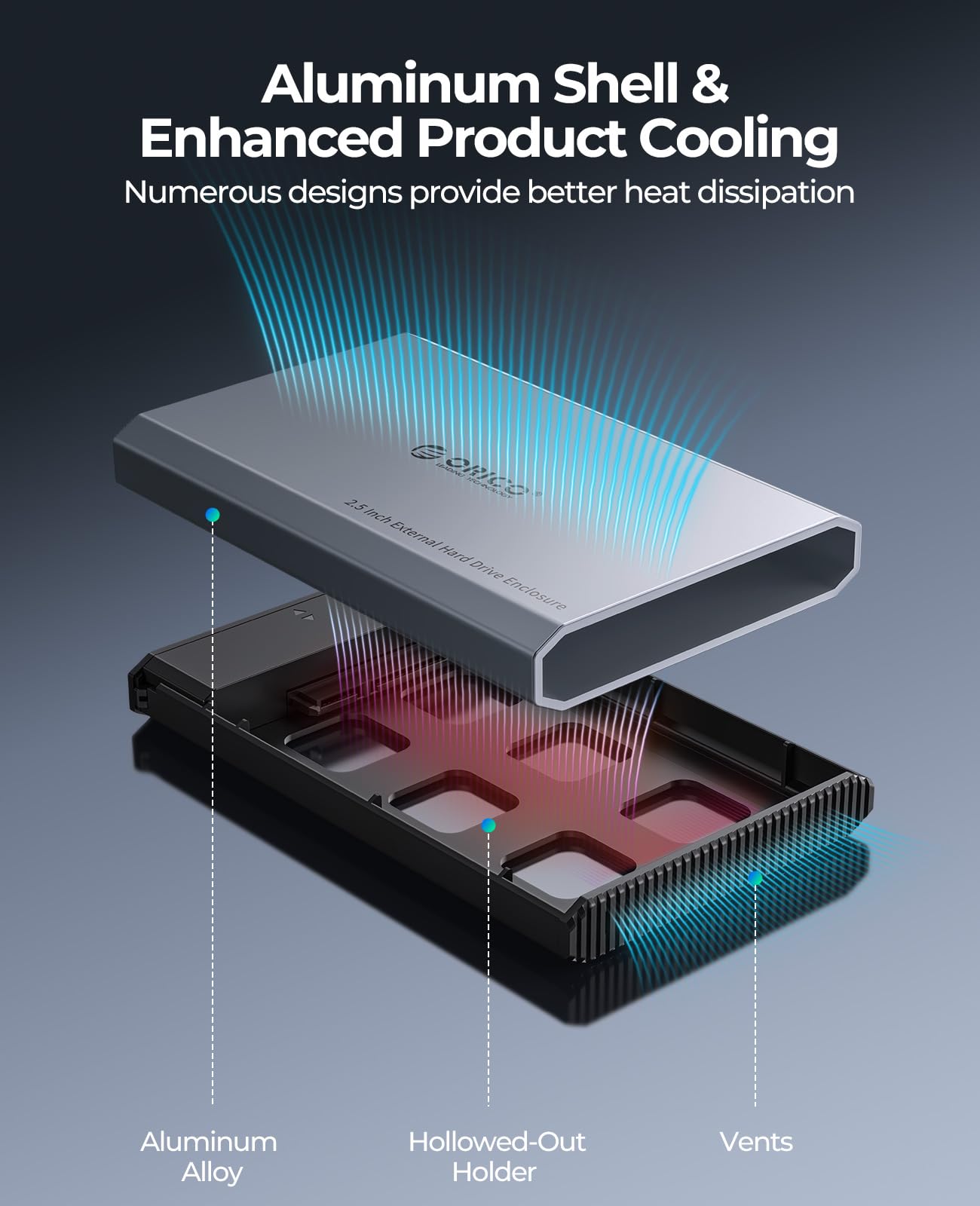 ORICO Aluminium Festplattengehäuse 2,5 Zoll USB-C 3.2 6Gbps Externes SSD Gehäuse für 2,5" SATA HDD SSD Maximal 6TB mit USB C/A 2-in-1 Kabel, Unterstützt UASP (DD25C3) 4