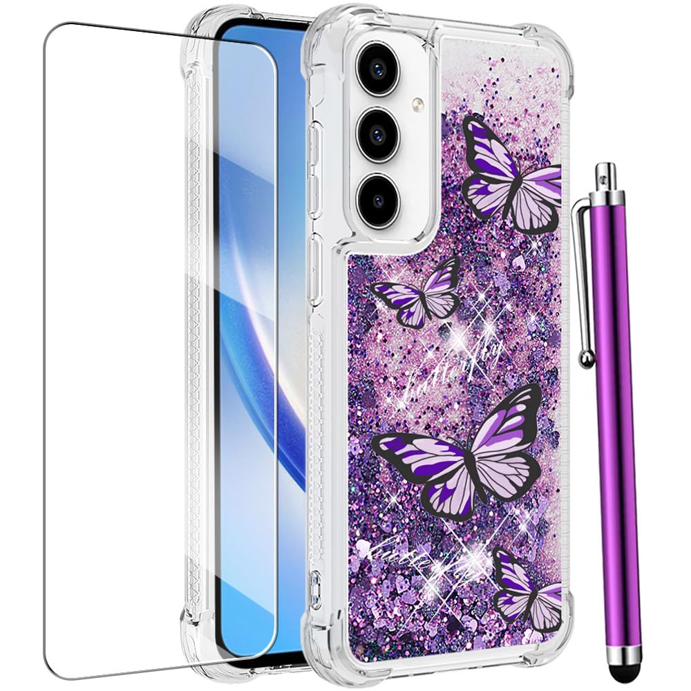 CAIYUNL for Samsung Galaxy A17 5G Case with Screen Protector, Women Girls Glitter Sparkle Liquid Bling Floating Cute Phone Case,Soft TPU Shockproof Protective Cover for Samsung A17 5G -Light Purple