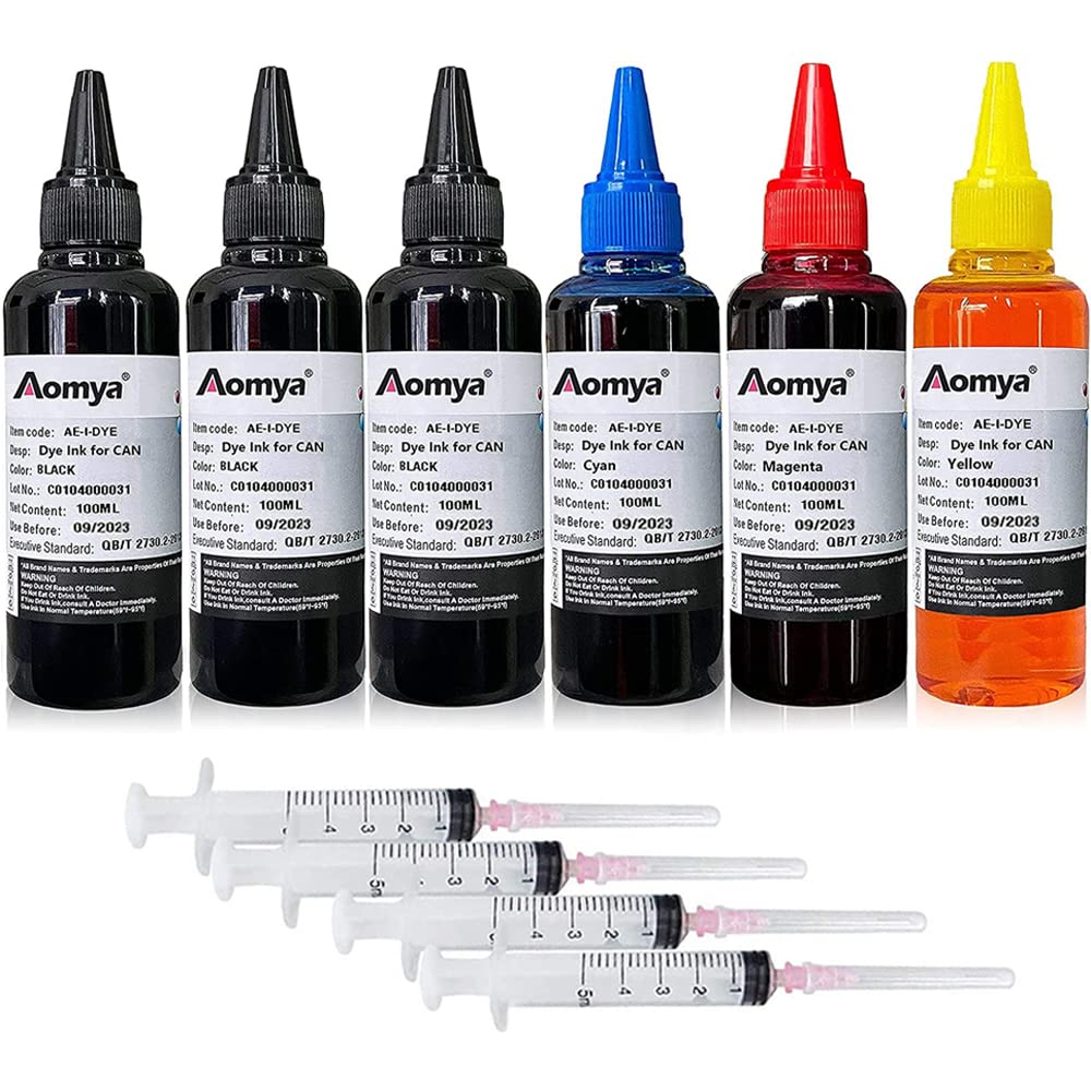 Aomya Ink Refill kit 6x100ml Compatible for Canon PGI-545 PGI-540 PGI-550 CLI-551 PGI-570 CLI-571 PGI-580 PGI-525 PGI-520 CLI-521 Inkjet Printer Refillable Ink Cartridge with 4 Syringes,3BK+CMY