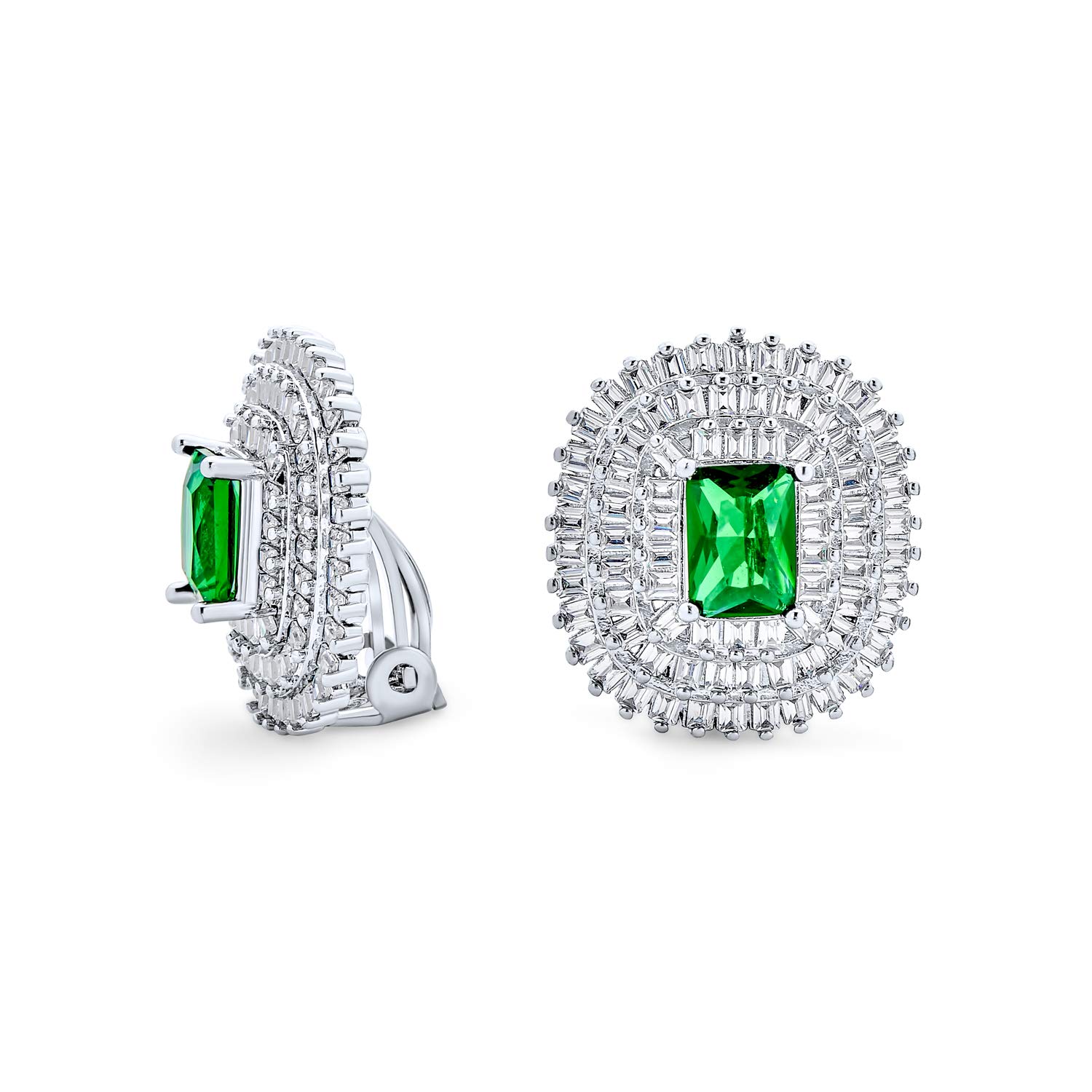 Traditional Classic Art Deco Style Formal Holiday Party Bridal Simulated Emerald Cut Green Cubic Zirconia Triple Row Baguette Halo AAA CZ Stud Clip On Earrings For Women Wedding Non Pierced Ear Silver