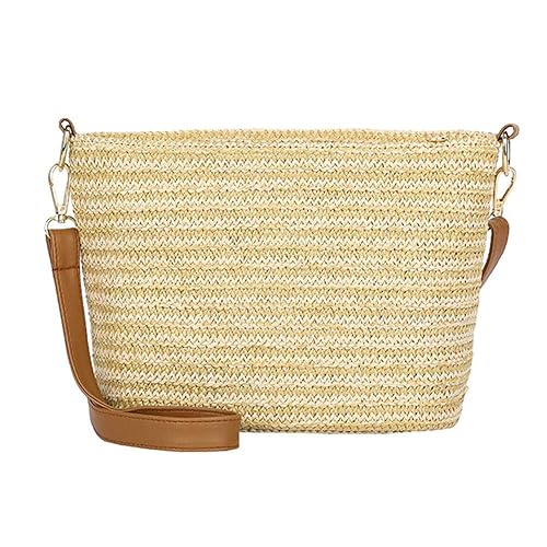 Housesczar Women Summer Beach Straw Bags Travel Bucket Casual Messenger Shoulder Bag