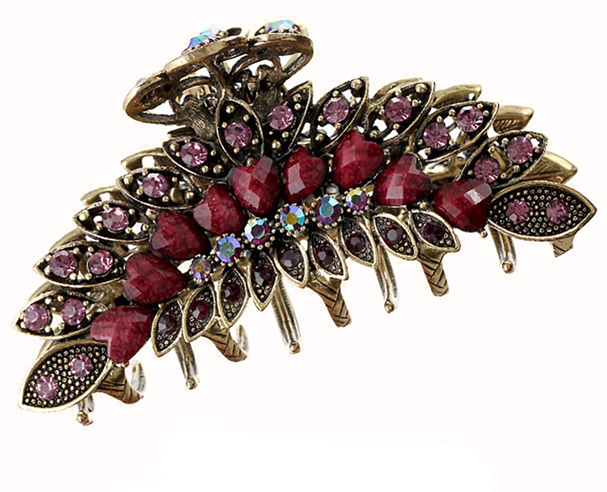 Fodattm Girls Women Lady Retro Flowers Hair Claw Clip Vintage Alloy Rhinestone Non-Slip Hair Jaw Clips Hairpin Large Hair Updo Grip Bath Accessories for Thick Hair Fancy Hair Clamp (Purple)