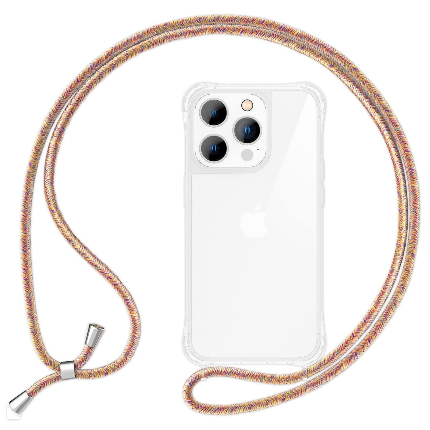 NALIA Necklace Case for iPhone 14 Pro - Transparent Hybrid Cover & Strap - HANGIT PRO (Anti-Yellow Back & Adjustable) - German Brand, Color:Rainbow