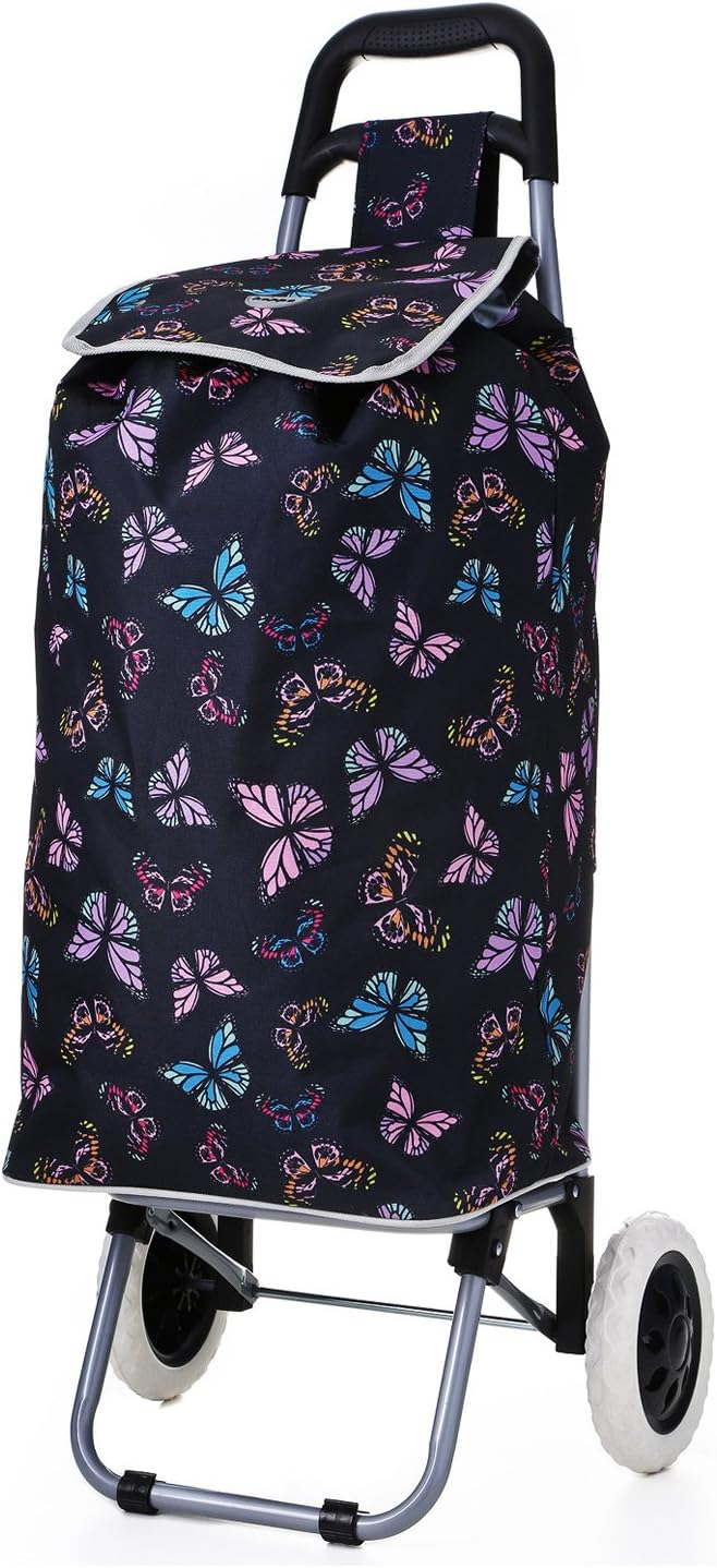 Hoppa Lightweight Shopping Trolley Folding 2 Wheel Large Capacity Shopper (Black Butterflies)