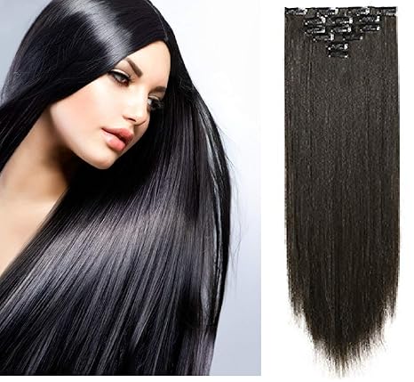 Ekan 6 Pcs Synthetic Long Shiny Straight Hair Extension Wig For
