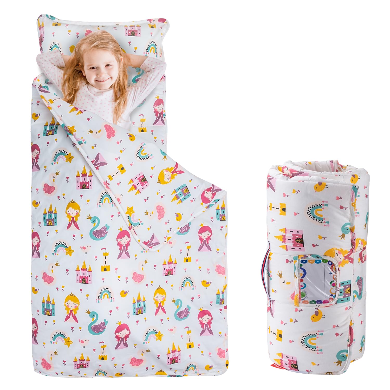Photo 1 of Fainsy Toddler Nap Mat with Pillow and Blanket, 100% Cotton Fabric, Padded Sleeping mat, for Daycare Preschool Pre-k, Kids Boys Girls(Princess Castle)