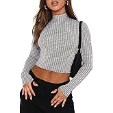 VICHYIE Womens Fall Mock Neck Shirts Cropped Thin Sweater Long Sleeve Soft Fuzzy Pullover Jumper Tops