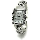 Wincci Ladies Rectangle Case with Small Studs Metal Bangle Cuff Fashion Analog Quartz Watch Mother of Pearl Dial Easy to Read Black Numbers Black Hour Minute Second Hands