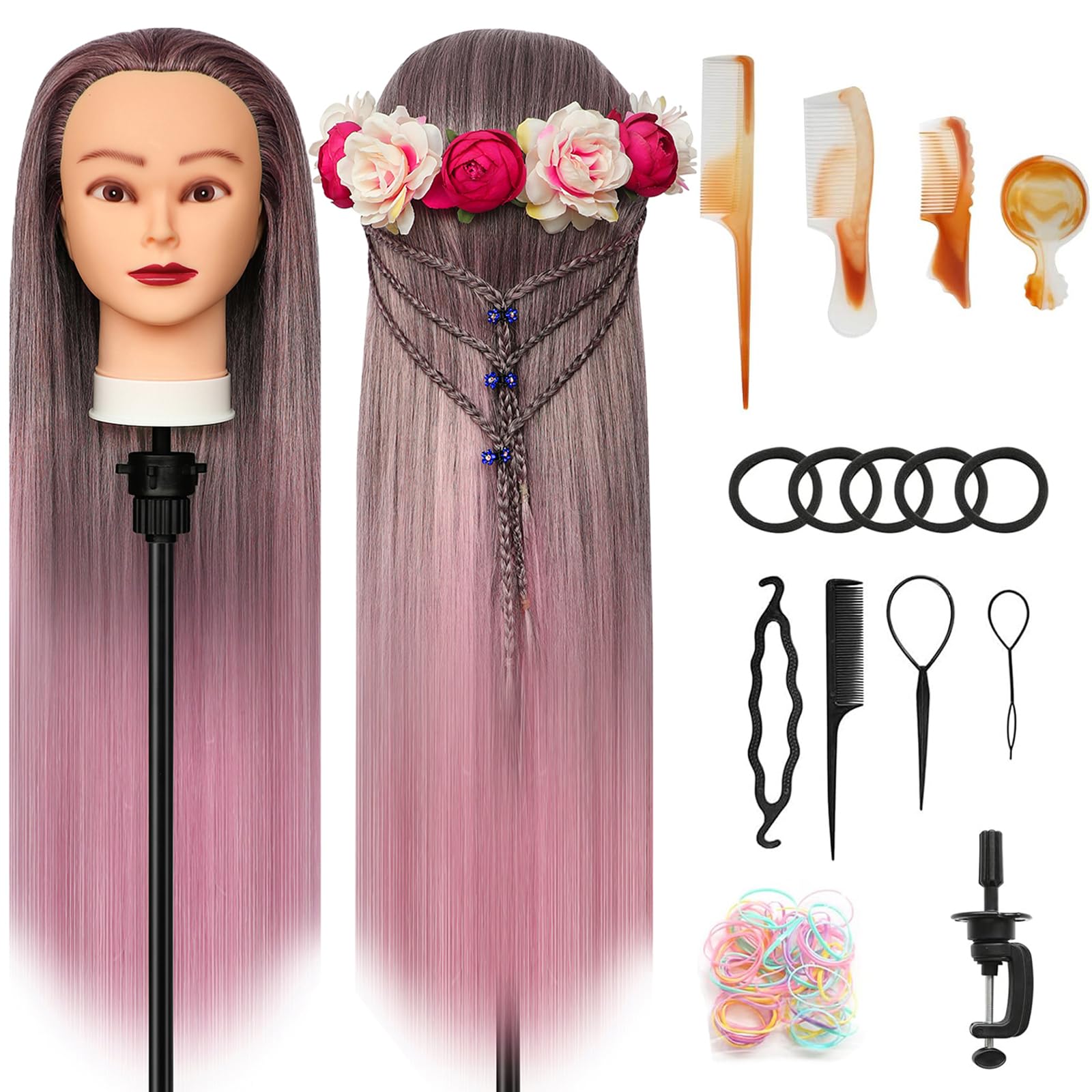 Styling Head 28 inch Training Head 100% Synthetic Fibres Hairdressing Head Hairdresser Training Heads with Free Clamp and DIY Braiding Set (Gradient powder)