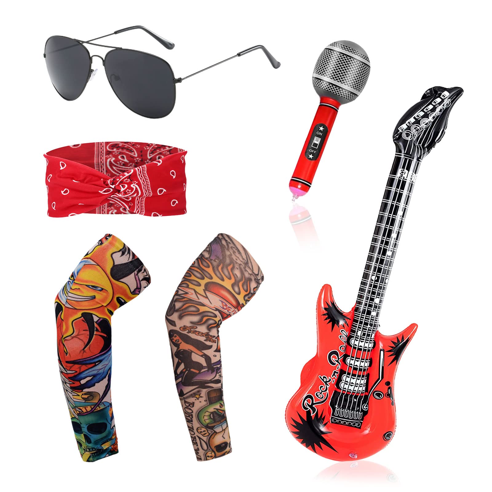 TSHAOUN 6 Pcs Punk Rocker Party Kit, Gothic Kit, 70s 80s 90s Disco Costume Accessories, Inflatable Microphone, Large Inflatable Guitar, Tattoo Sleeves Arm, Vintage Red Headband, Sunglasses (6 Pack)