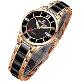 GUANHAO Ceramic Watches for Women, Fashion Ladies Watch Elegant Dress Women's Wristwatches with Diamond Accented Waterproof Calendar Mineral Glass
