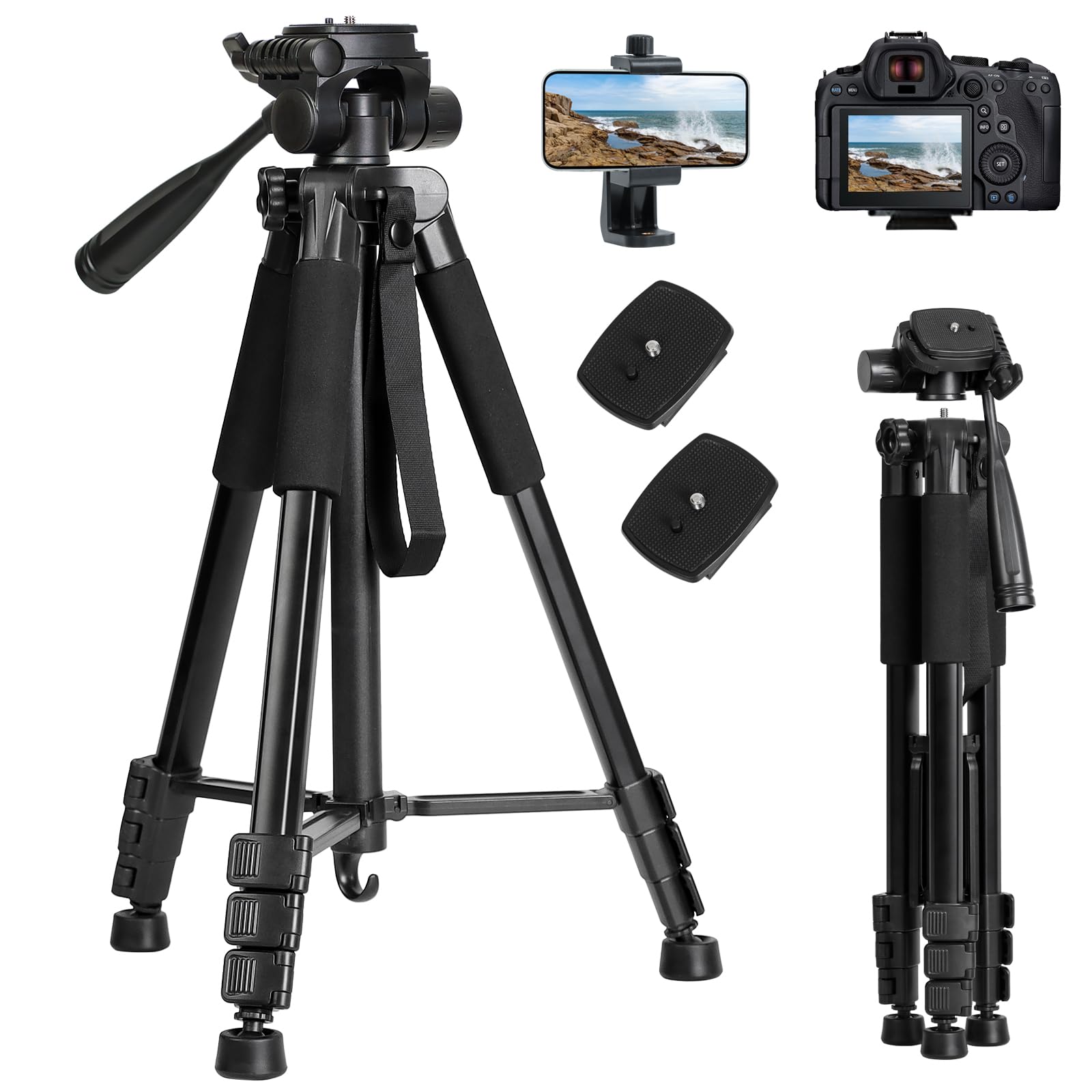 LINKCOOL Camera Tripod for Canon Nikon Sony, 65" Aluminum Tripod Stand with Detachable Head & Phone Holder & Carry Bag, Lightweight DSLR Tripod for Smartphone/Vlog/Streaming, Max Load 5.5kg
