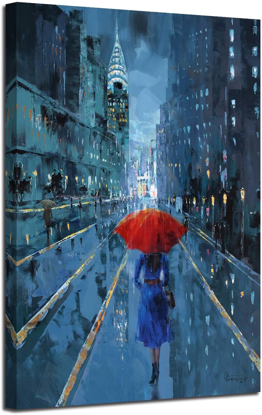 Ardemy Canvas Wall Art Modern Blue New York Cityscape Painting Picture, Lady with Red Umbrella Street Scenery One Panel Framed for Living Room Bedroom Home Office Decoration, Original Design, 40"x30"