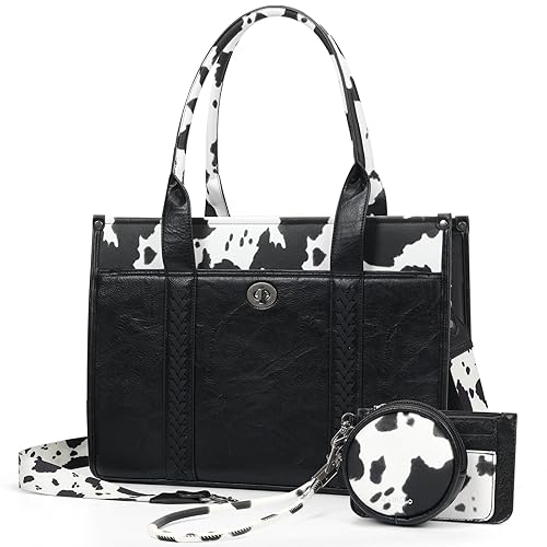 ACUARIO Tote Handbag Set, Tote Bag for Women,Western Cow Print Purse Desogmer,Top Handle Handbags (Black And White Not Brown, Large)