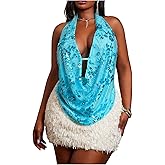 Floerns Women's Plus Size Floral Sequin Halter Top Backless Draped Beaded Club Party Tank Tops