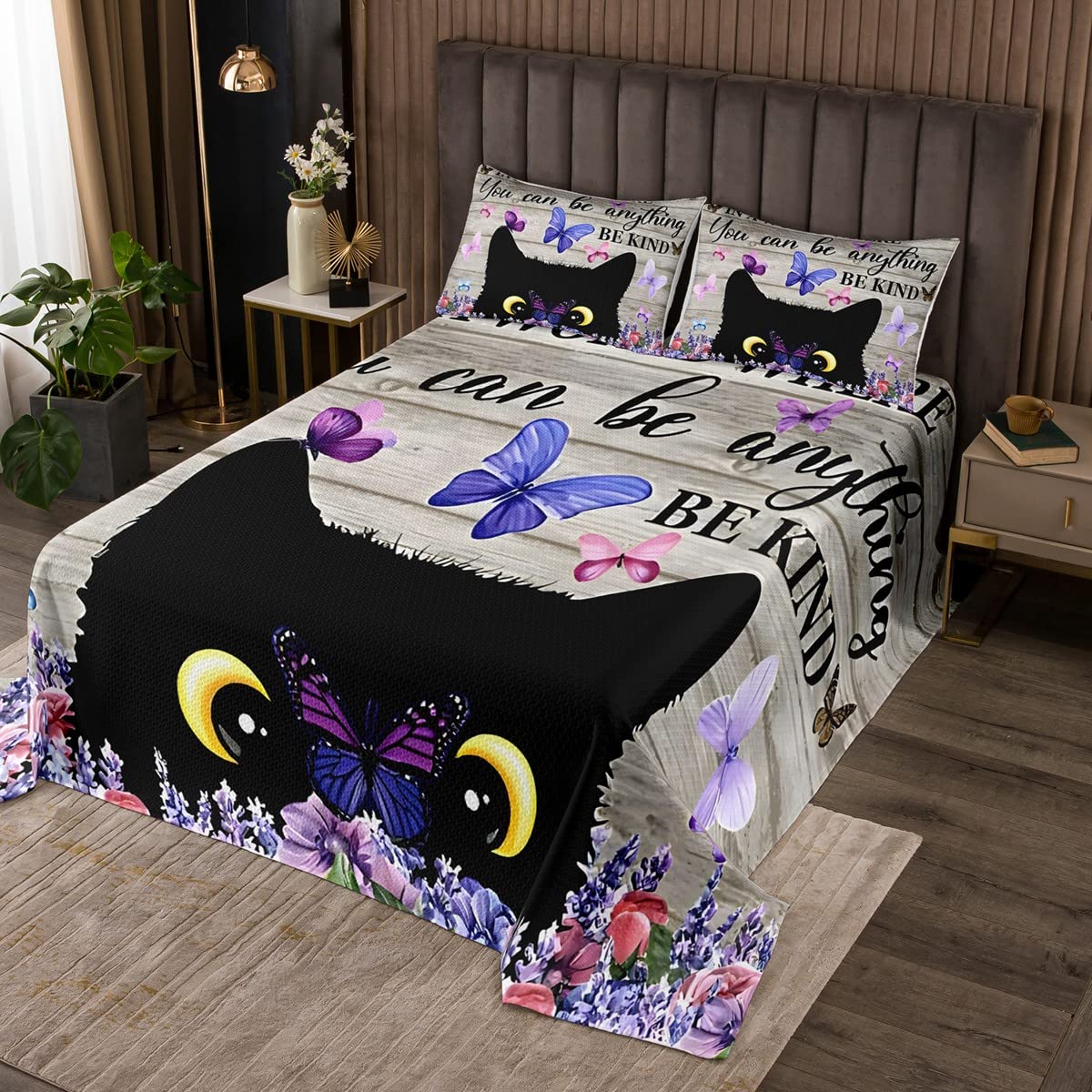 Homemissing Cartoon Black Cat Quilted Bedspread Butterfly Cat Coverlet Set for Kids Boys Girls Botanical Floral Quilted Wood Plank Quilted Bedspread 1 Quilted Bedspread Double Size