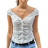 Women Button Down Ruffle Top Deep V Neck Smocked Cap Sleeved Coquette Frill Cute Shirt Slim Fit Casual Blouse