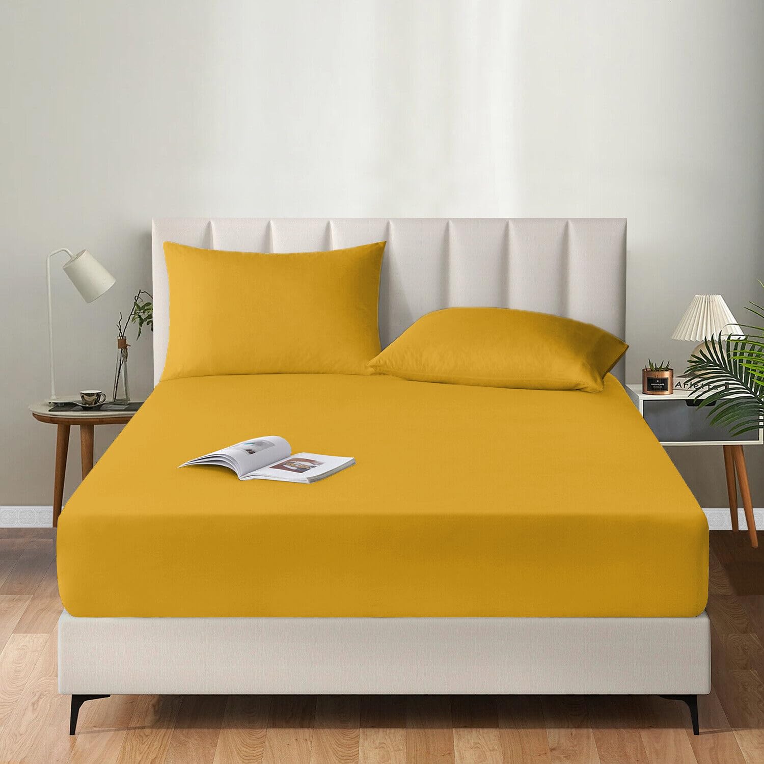 Ev Dekor Fitted Sheet Double, Ochre Yellow - Deep Pocket Bedsheet 12inch (30 cm) - Soft Brushed Microfibre Fabric - Shrinkage and Fade Resistant - Bottom Sheet - Double Bed Bedsheet Fitted