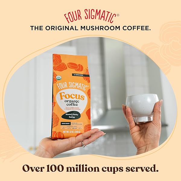 FOUR SIGMATIC FOCUS MUSHROOM COFFEE | ORGANIC GROUND COFFEE WITH LION’S MANE MUSHROOM AND CHAGA FOR BETTER FOCUS AND IMMUNE SUPPORT | 12OZ BAG