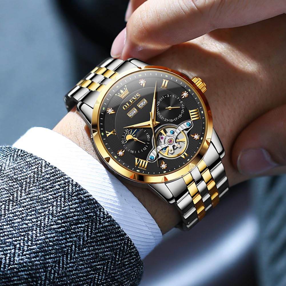 OLEVS Men's Mechanical Wristwatch, Automatic Winding, Moon Phase, Stylish, Skeleton, Waterproof, Popular, Luminous Watch for Men, Black & Gold