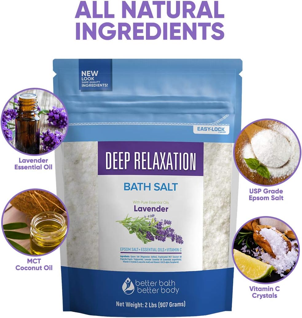 Deep Relaxation Bath Salt 32 Ounces Epsom Salt with Natural Lavender Essential Oil Plus Vitamin C in BPA Free Pouch with Easy Press-Lock Seal: Health & Personal Care