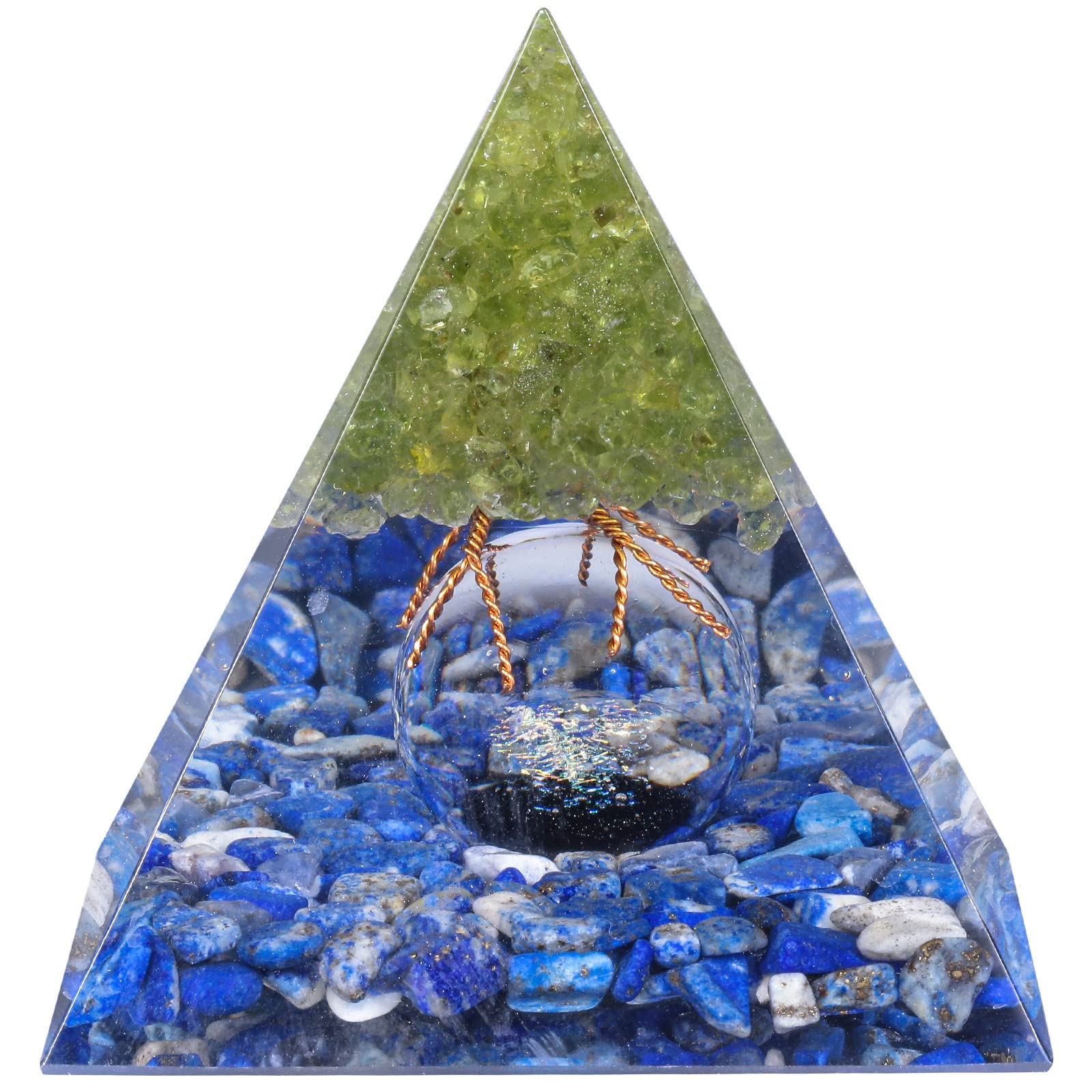 Nupuyai Peridot Tree of Life Lapis Lazuli Crystal Piramid with Glass Crystal Ball, Spiritual Healing Stone Pyramid Quartz Point Ornament for Protection Home Decor