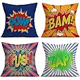 Qinqingo Super Hero Quote Pillow Covers Set of 4 Pow/Bam/Splash/Zap with Exclamation Pattern Art Comic Design Decorative Throw Pillow Covers Cushion Case for Sofa Couch (Comic, 18" x 18")
