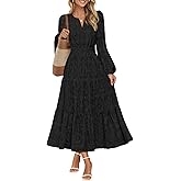 MEROKEETY Women's Fall Long Sleeve Floral Maxi Dress Lace Eyelet Hollow Out Tiered Boho Wedding Guest Dresses Pockets