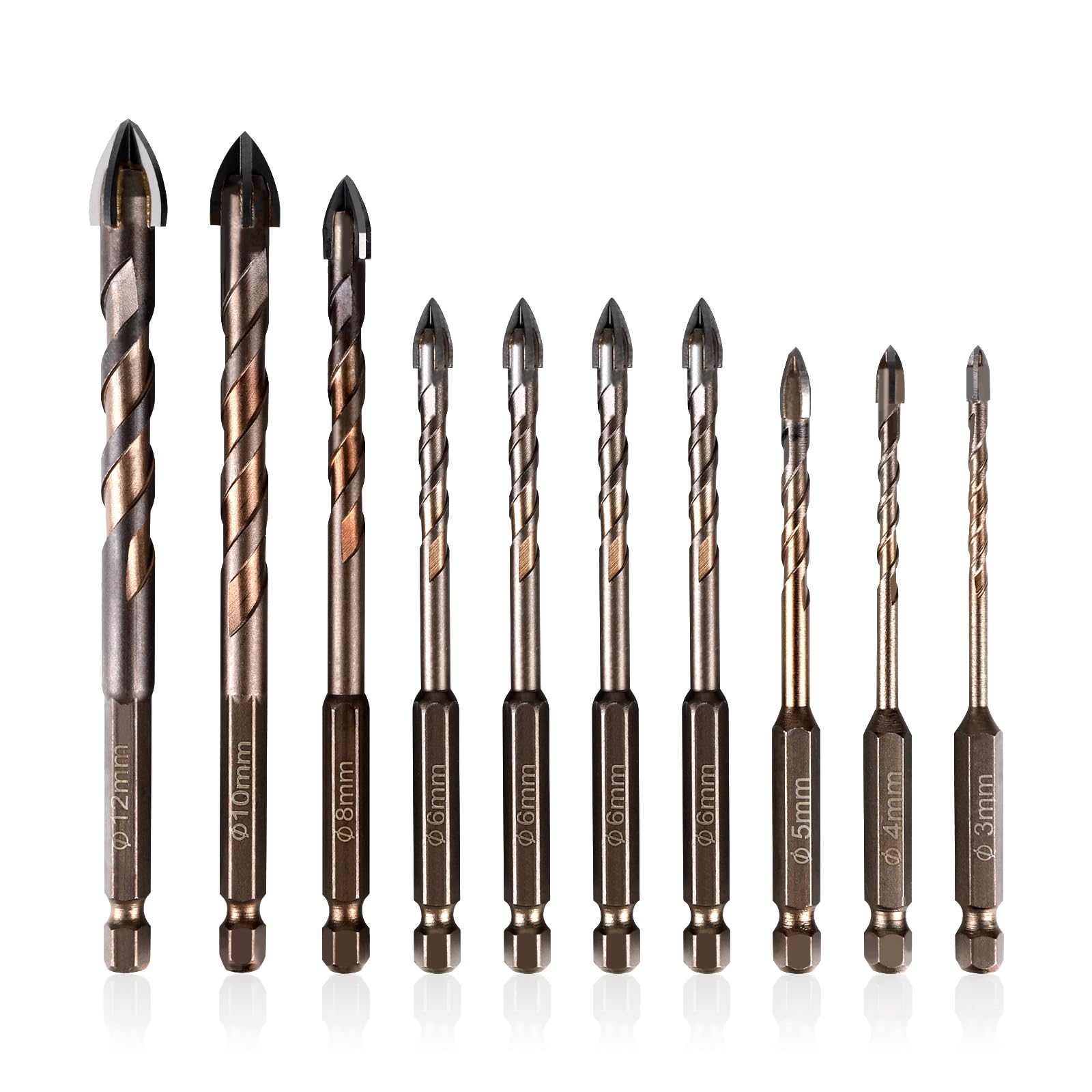 LALAGO Tile Drill Set, 10 Pieces, Diameter 3-12 mm, Glass Drill Set, Concrete Drill Set, Ceramic Drill Set, Diamond Drill Tiles, Universal Drill Bit for Metal, Brick, Glass, Plastic, Wood (Golden)