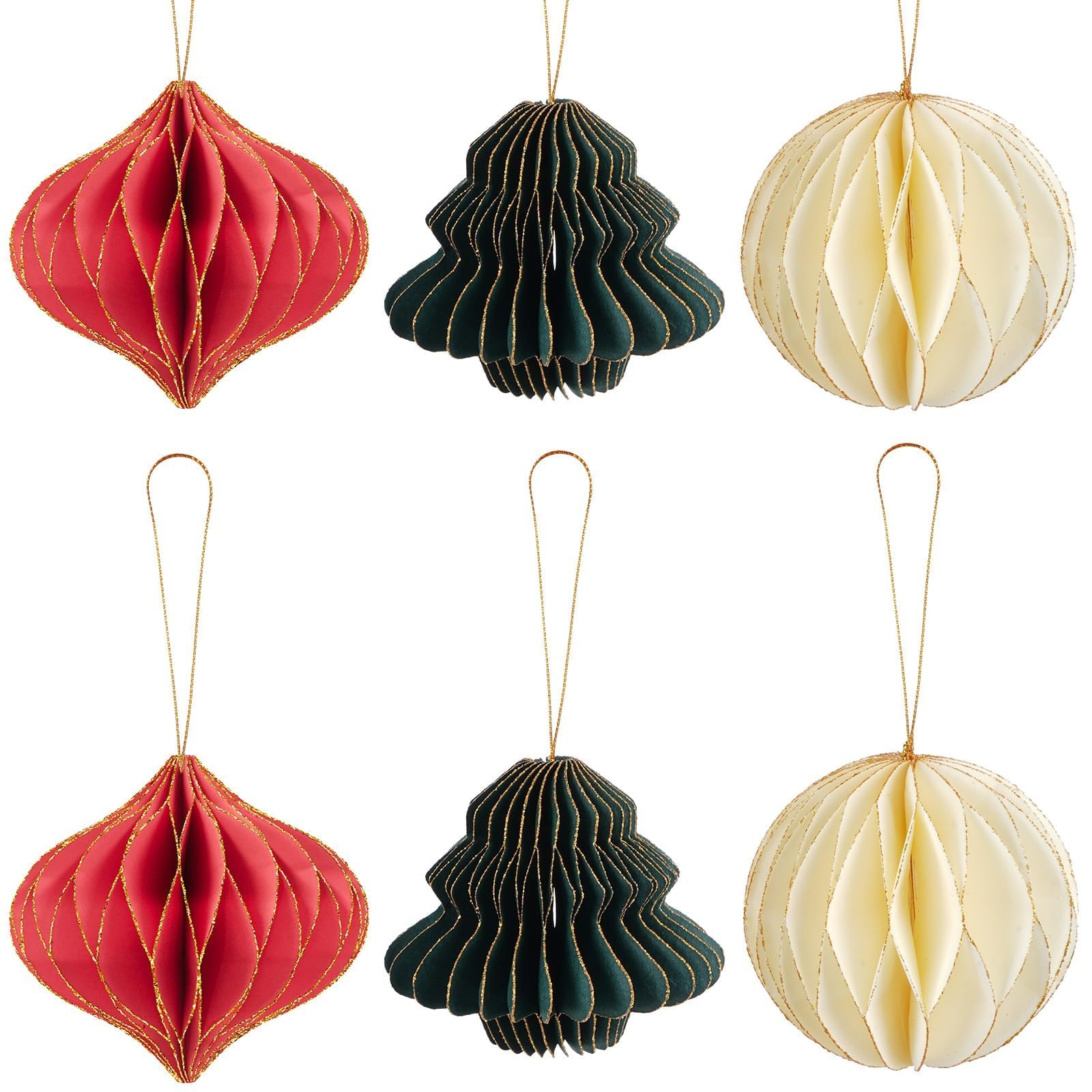 HO2NLE 6Pcs Paper Christmas Hanging Decorations, Christmas Paper Honeycomb Xmas Tree Pom Poms, Mini Glitter Edge Hanging Ornaments for Vintage Xmas Party Favor New Years Eve Party Decor