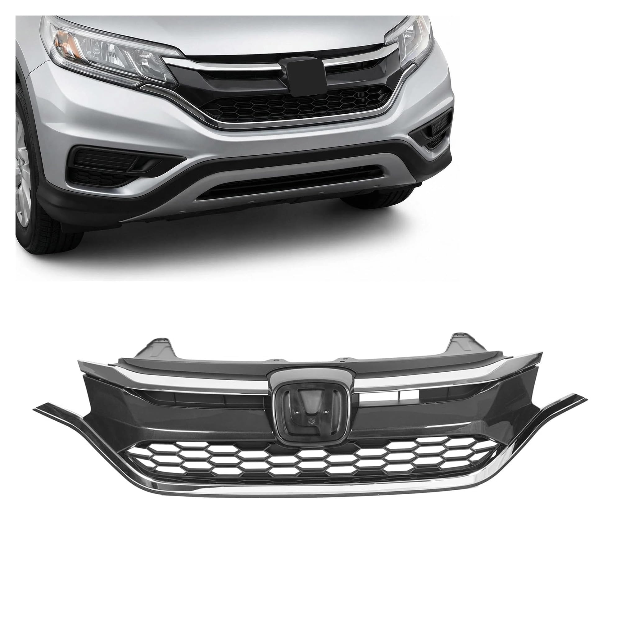 ALMULOO Upper Trim + Lower Grille for 2015-2016 Honda CR-V | Chrome Front Bumper Grille