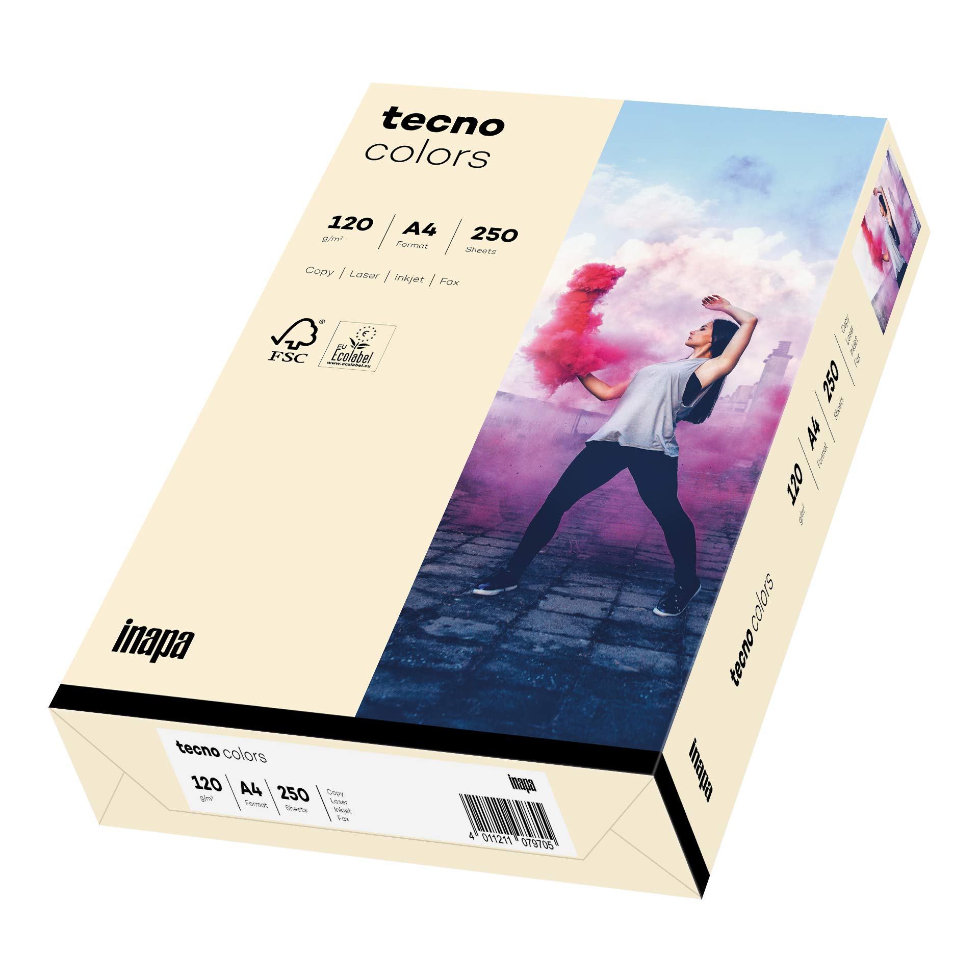 inapa Coloured Printer Paper, Tecno Colours: 120 g/m², A4, 250 Sheets, Light Chamois