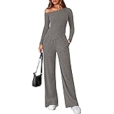 PRETTYGARDEN Fall Two Piece Sets For Women 2026 Off Shoulder Tops Long Pants Knit Matching Lounge Set Airport Travel Outfits