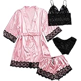 SOLY HUX Women's Satin Pajama Set 4pcs Floral Lace Trim Cami Lingerie Sleepwear with Robe