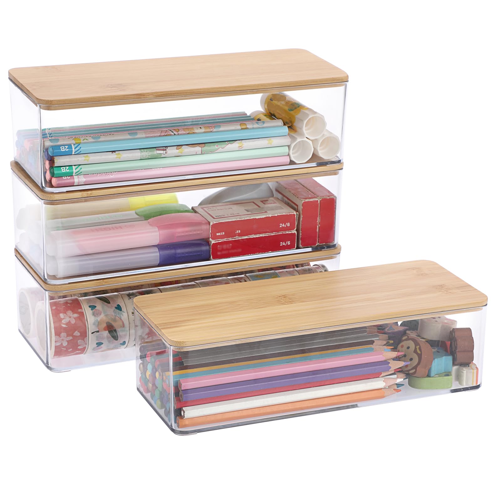 OGANAZI 4 Pcs Clear Pencil Cases with Bamboo Lids Plastic Pencil Box for Pencil Pen Storage Stackable Stationery Organiser Office Stationery Supplies, Craft Box for Arts and Crafts, 23.4*9.4*6.7cm