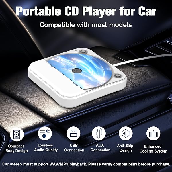 PORTABLE CD PLAYER FOR CAR WITH USB & AUX – UNIVERSAL EXTERNAL CD DRIVE WITH ANTI-SKIP, USB EXTENSION CABLE, PLUG & PLAY FOR VEHICLE, LAPTOP, TV – COMPATIBLE WITH ANDROID 4.4+