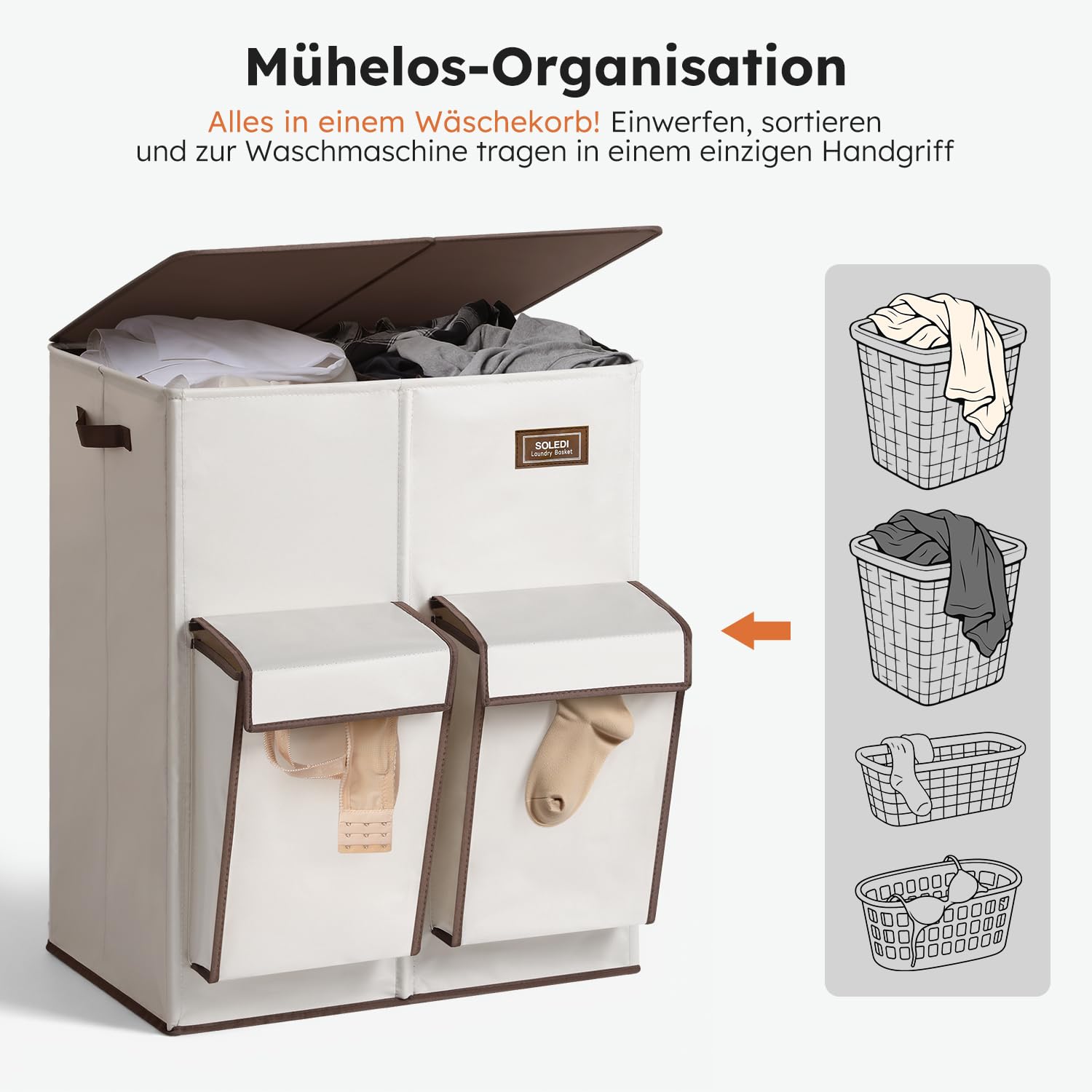 SOLEDI 180L Wäschekorb mit Deckel, Wäschesammler 2 Fächer mit 2 Seitentaschen, Laundr Baskets mit 2 Wäschesack, Wäschesortierer Groß XXXL für Badezimmer, Schlafzimmer, Waschküche 6