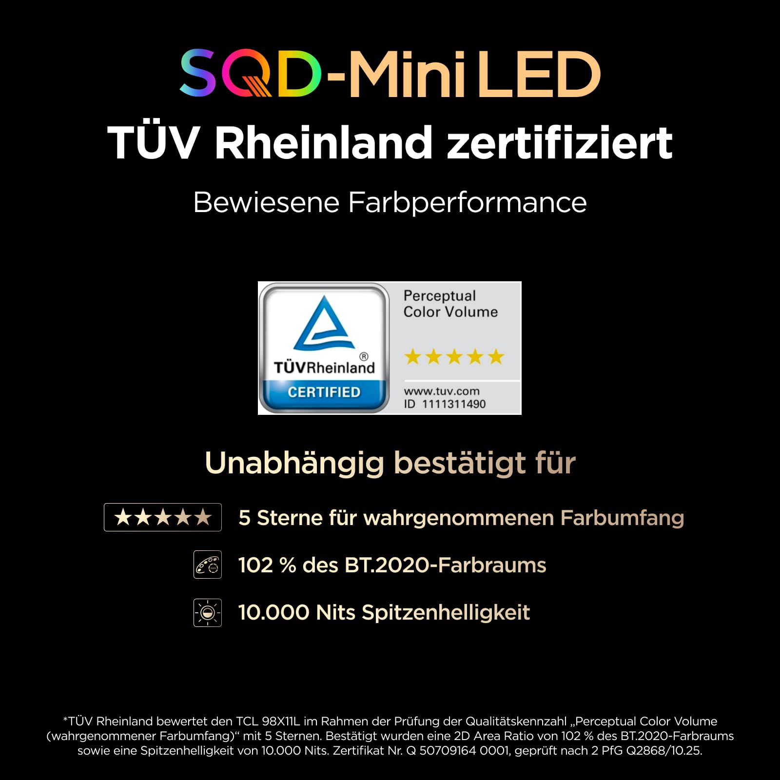 TCL 98X11L 98 Zoll 4K SQD-Mini LED TV, 100% BT.2020, 10.000 Nits, 20.736 Local Dimming Zonen, Antireflexion, 144 Hz, Bang & Olufsen Sound, Ultra Slim Design, Google TV 5