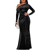 FUMY Women's Off Shoulder Mermaid Formal Party Evening Dresses Velvet Long Sleeves Wedding Guest Dress FM022