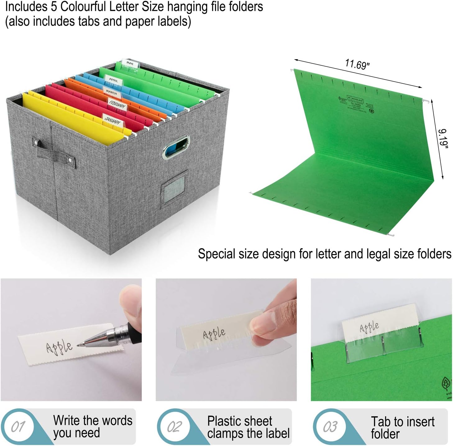 JSungo File Organizer Box Office Document Storage with 5 Hanging Filing Folders, Collapsible Linen Storage Box with Lids, Home Portable Storage with Handle, Letter Size Legal Folder, Grey : Office Products
