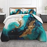 Culudea Mint Green Marble Gold Comforter Set King Size Teal Turquoise Blue Includes Comforter & Pillowcase Bedding for All Seasons Kids and Adults Bedroom Bed Decor