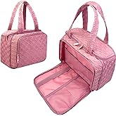GVCELS Travel Toiletry Bag for Women, Quilted Puffy Makeup Bag with Wet-Dry Compartments - Portable Cosmetic Organizer for Vacation, Camping, Weekend Trips, Pink﻿