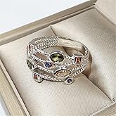 HM038 Sterling Silver Hollow Multiple Rows Geometric Colored Gems Women's Vintage Twisted Rainbow Zircon Princess Ring Eternity Engagement Wedding Cocktail Party Ring (10)