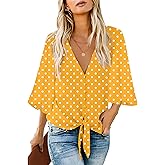 luvamia Women's V Neck Tops 3/4 Sleeve Tie Knot Floral Blouses Button Down Shirts