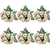 Ritzephyria 6-Pack Champagne Silk Rose Bouquets, 60 Roses Artificial Flowers Heads with Faux Baby's Breath Stems Leaves, Fake Roses for Wedding Bouquets, Centerpieces & Home Table Décor